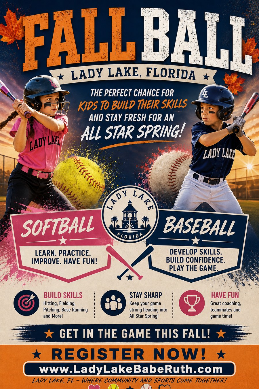 Lady Lake Fall Ball registration flyer — softball and baseball